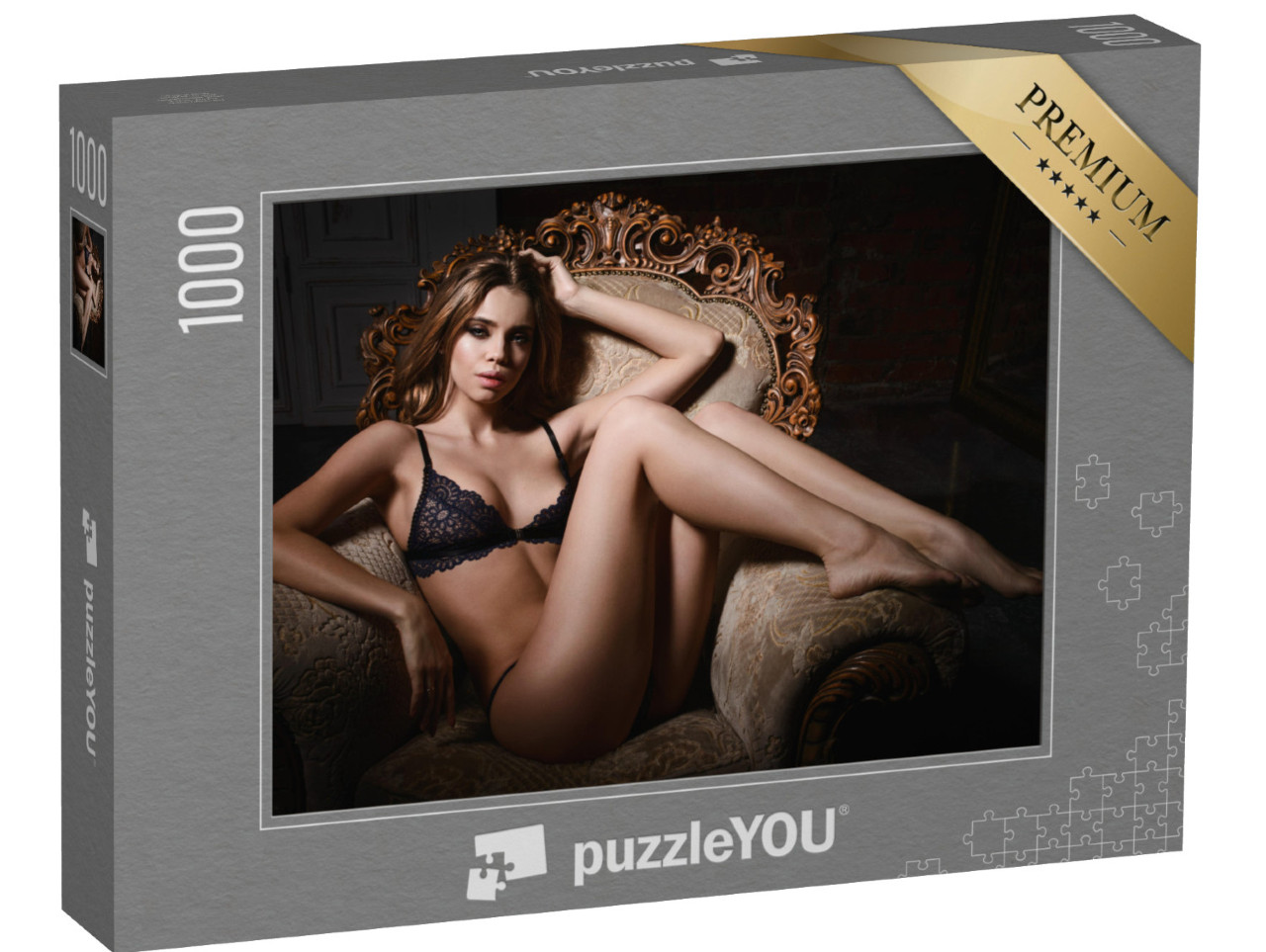 puzzle 1000 dílků „Erotická fotografie: Žena v černém spodním prádle na křesle“