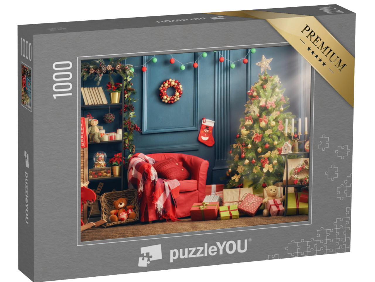 puzzle 1000 dílků „Veselé Vánoce: krásný, svátečně vyzdobený obývací pokoj“