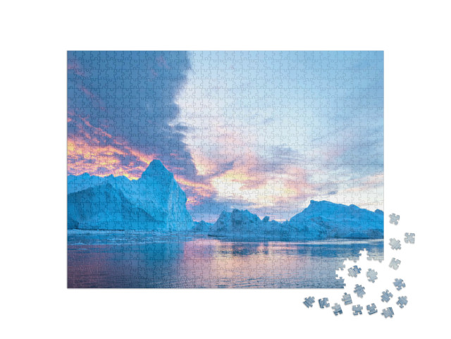 puzzle 1000 dílků „Ledovec pod barevnou oblohou při západu slunce, Grónsko“