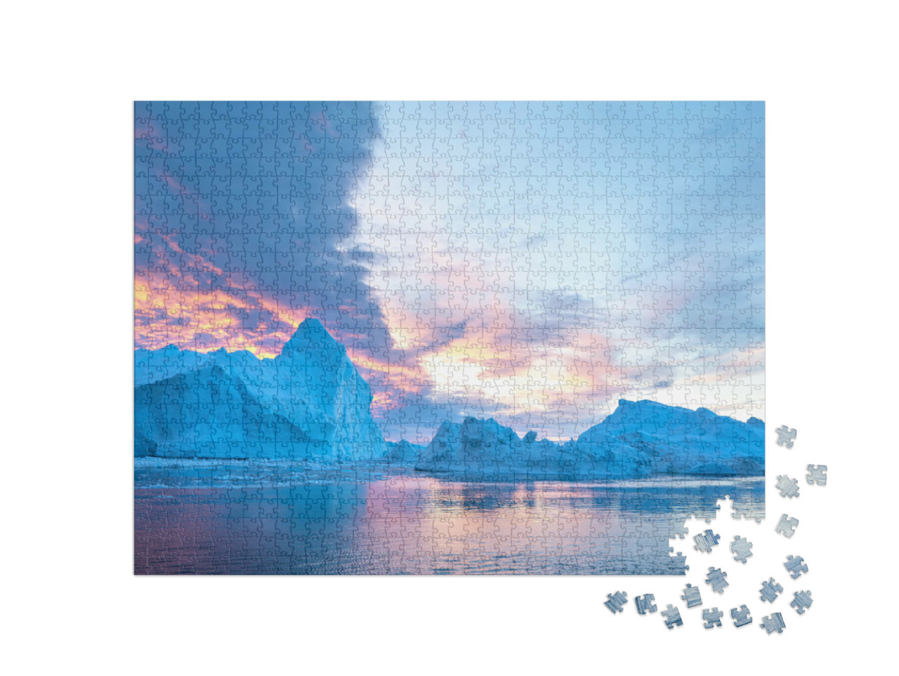 puzzle 1000 dílků „Ledovec pod barevnou oblohou při západu slunce, Grónsko“