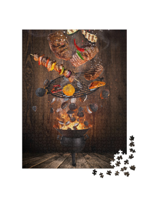 puzzle 1000 dílků „Kotlíkový gril s horkými briketami a grilovaným masem“