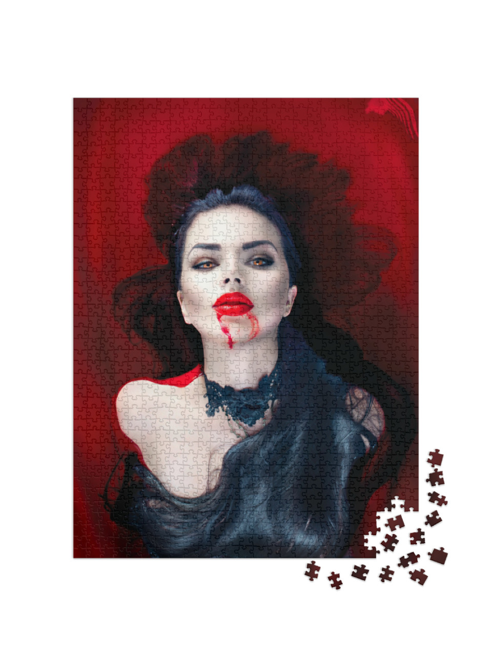 puzzle 1000 dílků „Upírka s černými vlasy a krvavými ústy.“