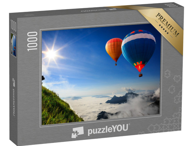 puzzle 1000 dílků „Barevné horkovzdušné balóny nad vrcholky hor v mlze“