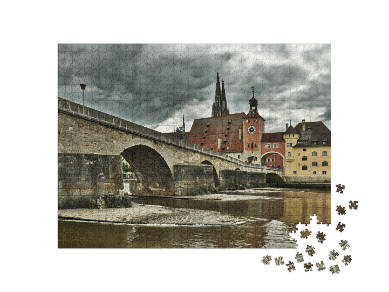 puzzle 1000 dílků „Regensburg s kamenným mostem a katedrálou svatého Petra“