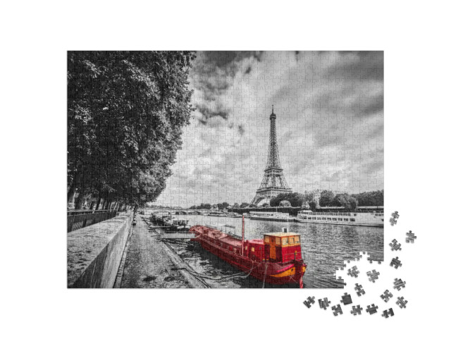 puzzle 1000 dílků „Eiffelova věž nad Seinou s červenou lodí, Paříž, Francie“