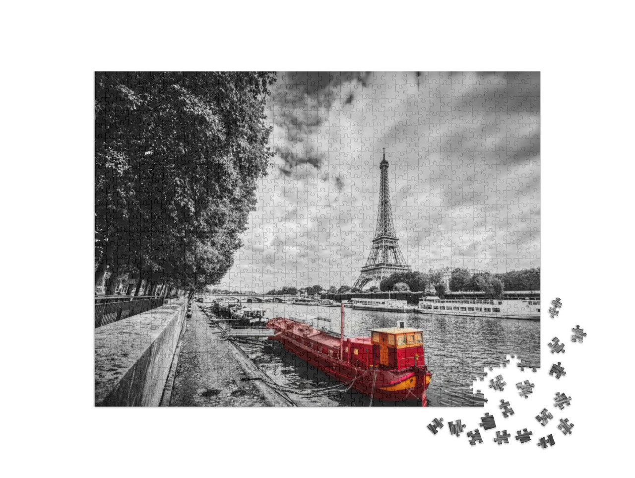 puzzle 1000 dílků „Eiffelova věž nad Seinou s červenou lodí, Paříž, Francie“