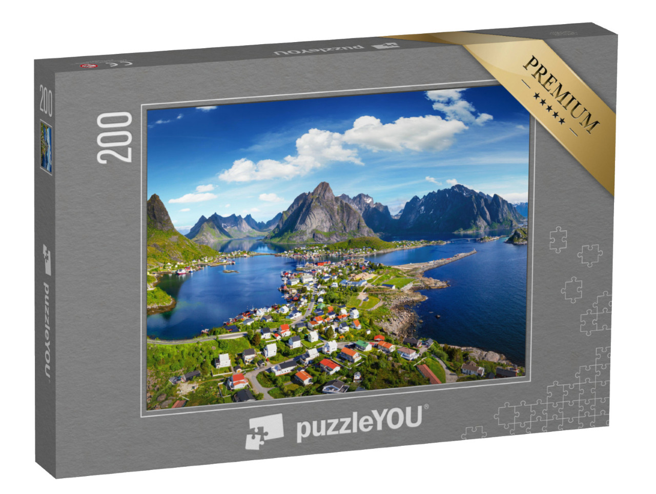 puzzle 200 dílků „Vesnice Reine pod slunečnou modrou oblohou, Lofoty, Norsko“