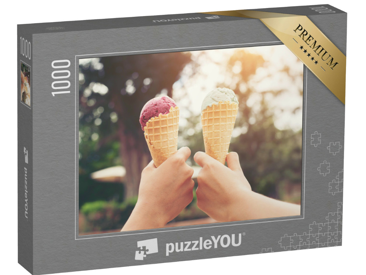 puzzle 1000 dílků „Ženské ruce drží tající zmrzlinu vaflový kužel v...“