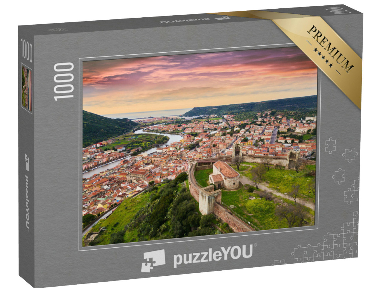 puzzle 1000 dílků „Pohled na krajinu od hradu do centra města Bosa, Sardinie, Itálie“