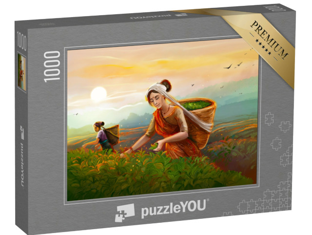puzzle 1000 dílků „Ilustrace zobrazuje dvě dívky, které sbírají čaj...“