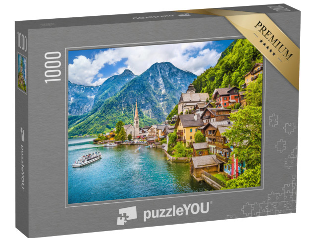 puzzle 1000 dílků „Horská vesnice Hallstatt s Hallstattským jezerem v Solné komoře“