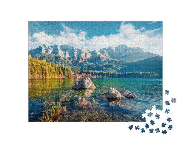 puzzle 1000 dílků „Slunečný večer u jezera Eibsee v bavorských Alpách“