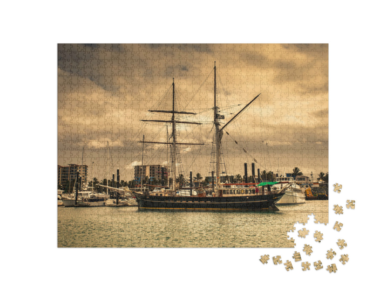 puzzle 1000 dílků „Stará plachetnice na kotvě, přístav“