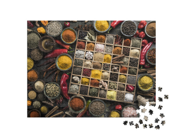 puzzle 1000 dílků „Dřevěná krabička s různým kořením a bylinkami“