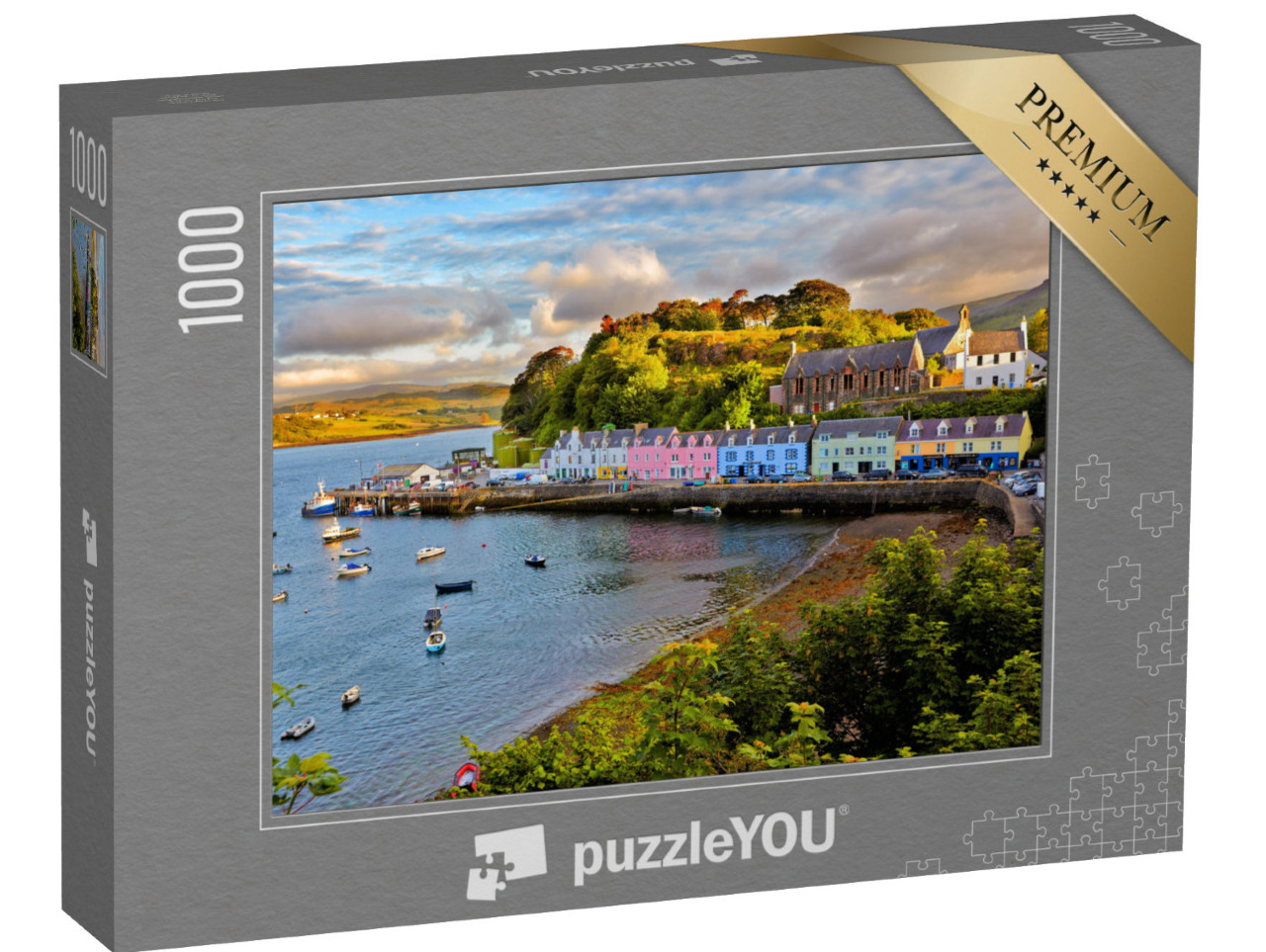 puzzle 1000 dílků „Západ slunce nad Portree, ostrov Skye, Skotsko“