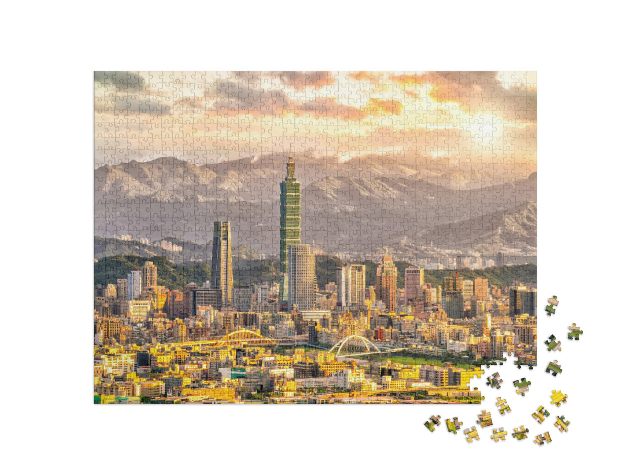 puzzle 1000 dílků „Panorama Taipei s horskou krajinou při západu slunce“