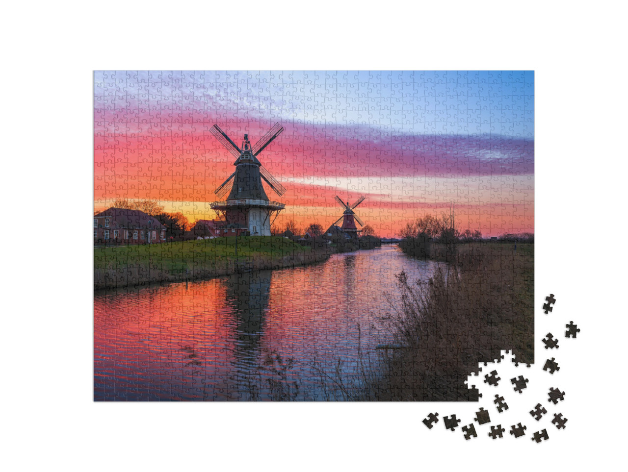 puzzle 1000 dílků „Dvojice mlýnů Greetsiel při východu slunce, Východní Frísko“