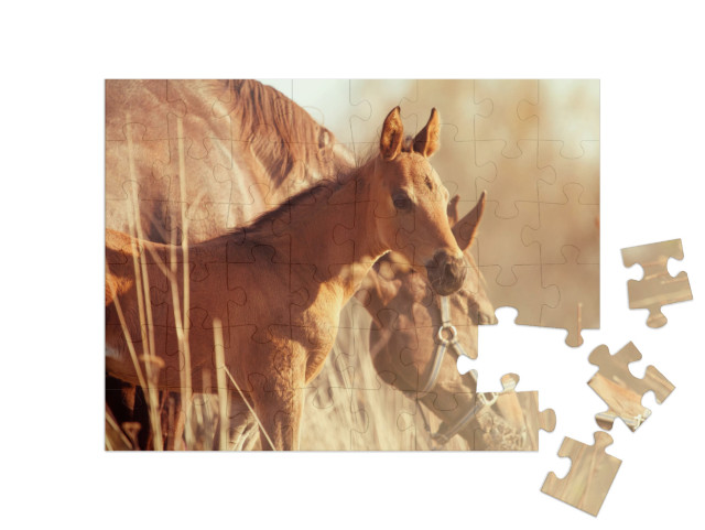 puzzle 48 dílků „Klisna a hříbě při západu slunce“