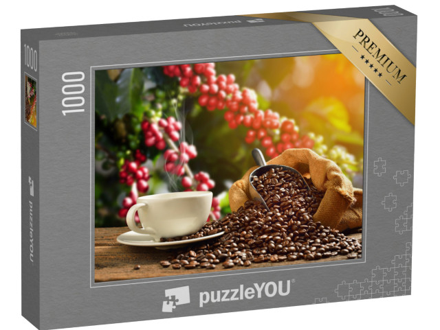 puzzle 1000 dílků „Šálek kávy s kávovými zrny v páře“