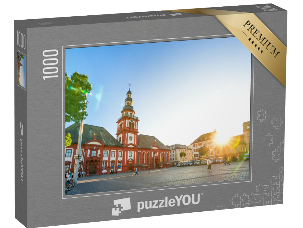 puzzle 1000 dílků „Tržní náměstí v Mannheimu s hřejivými slunečními paprsky“