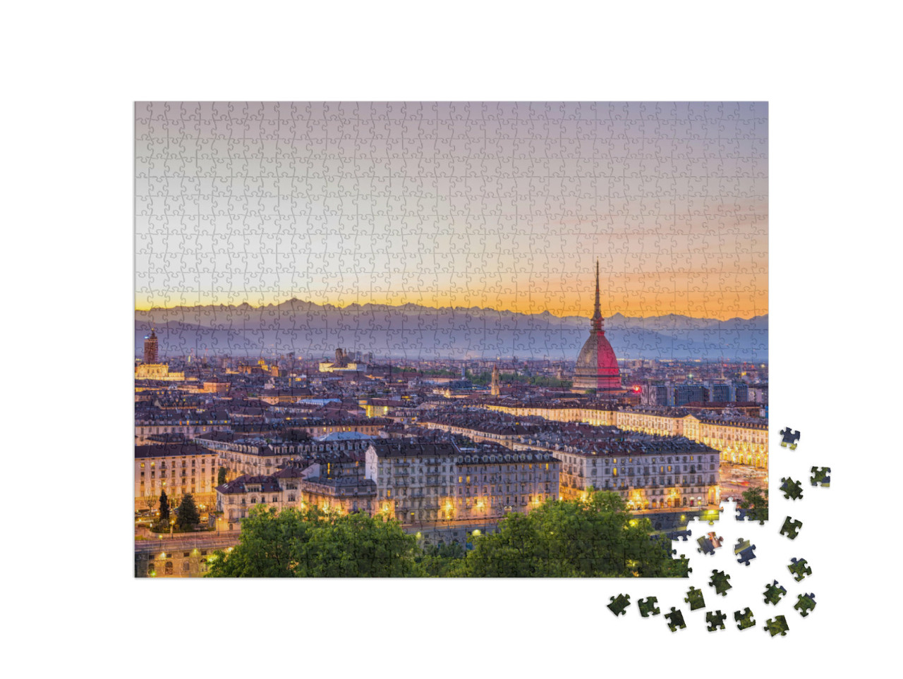 puzzle 1000 dílků „Panorama Turína v Itálii, krajina při západu slunce“
