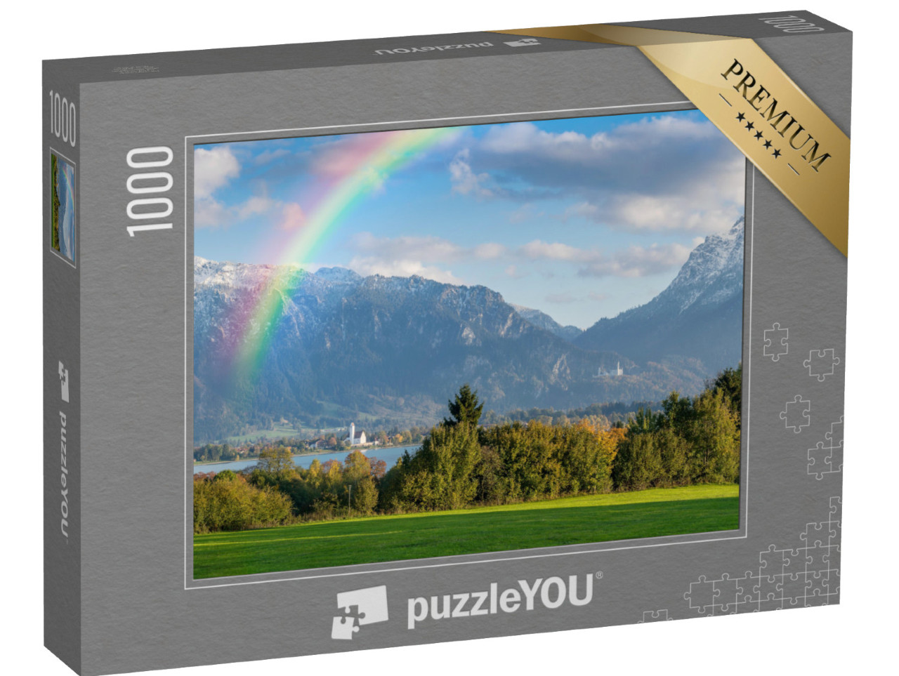 puzzle 1000 dílků „Podzimní panorama krajiny s duhou nad jezerem Forggensee“