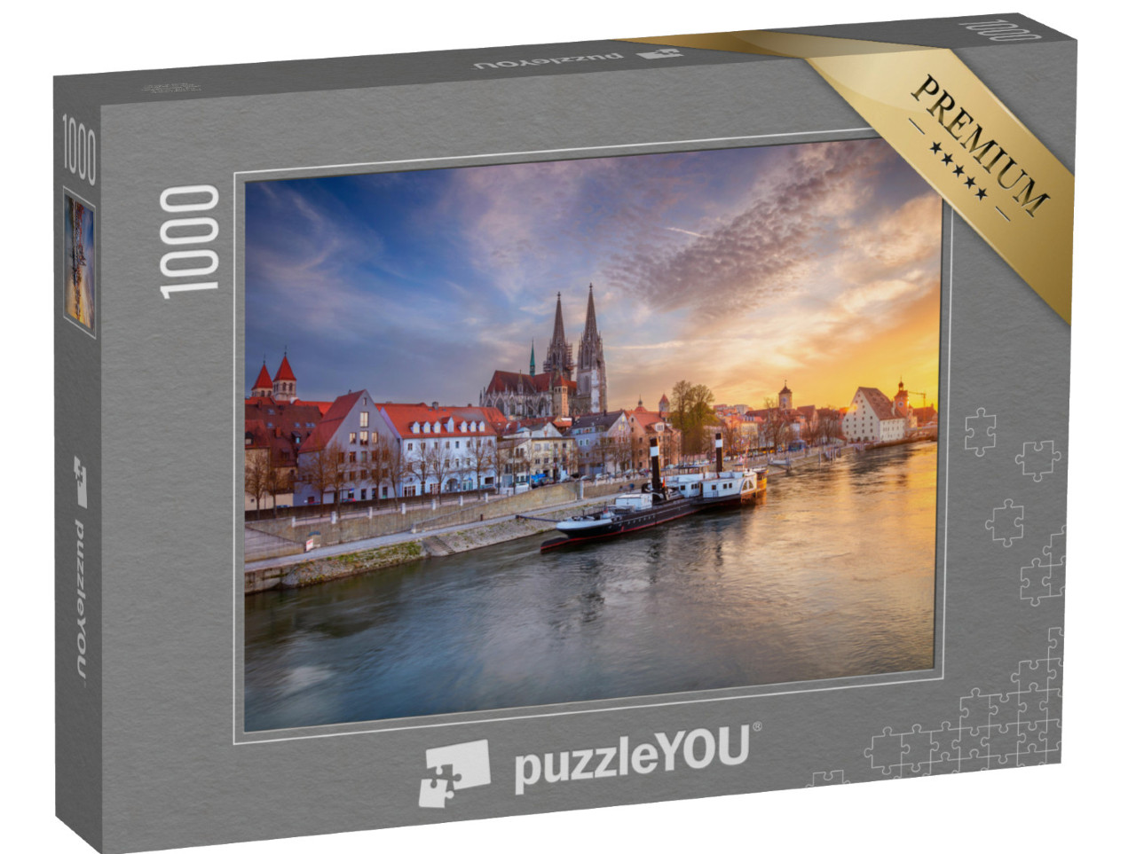 puzzle 1000 dílků „Regensburg na jaře: západ slunce nad městem, Bavorsko“