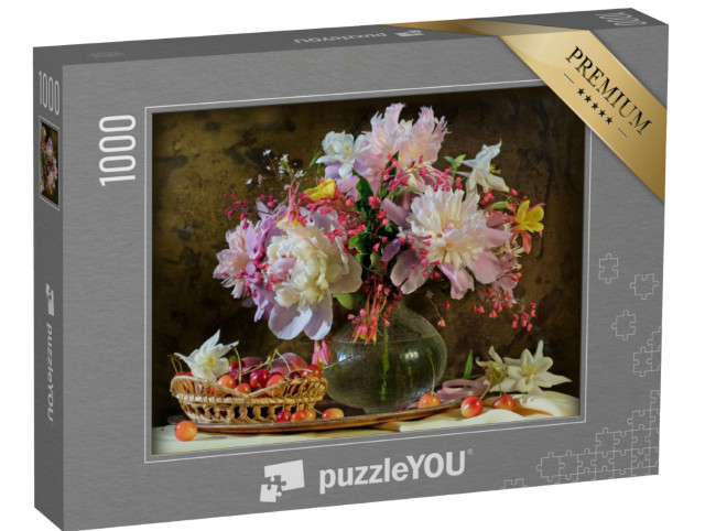 puzzle 1000 dílků „Zátiší se zvonky, pivoňkami, akvilegií a třešněmi“