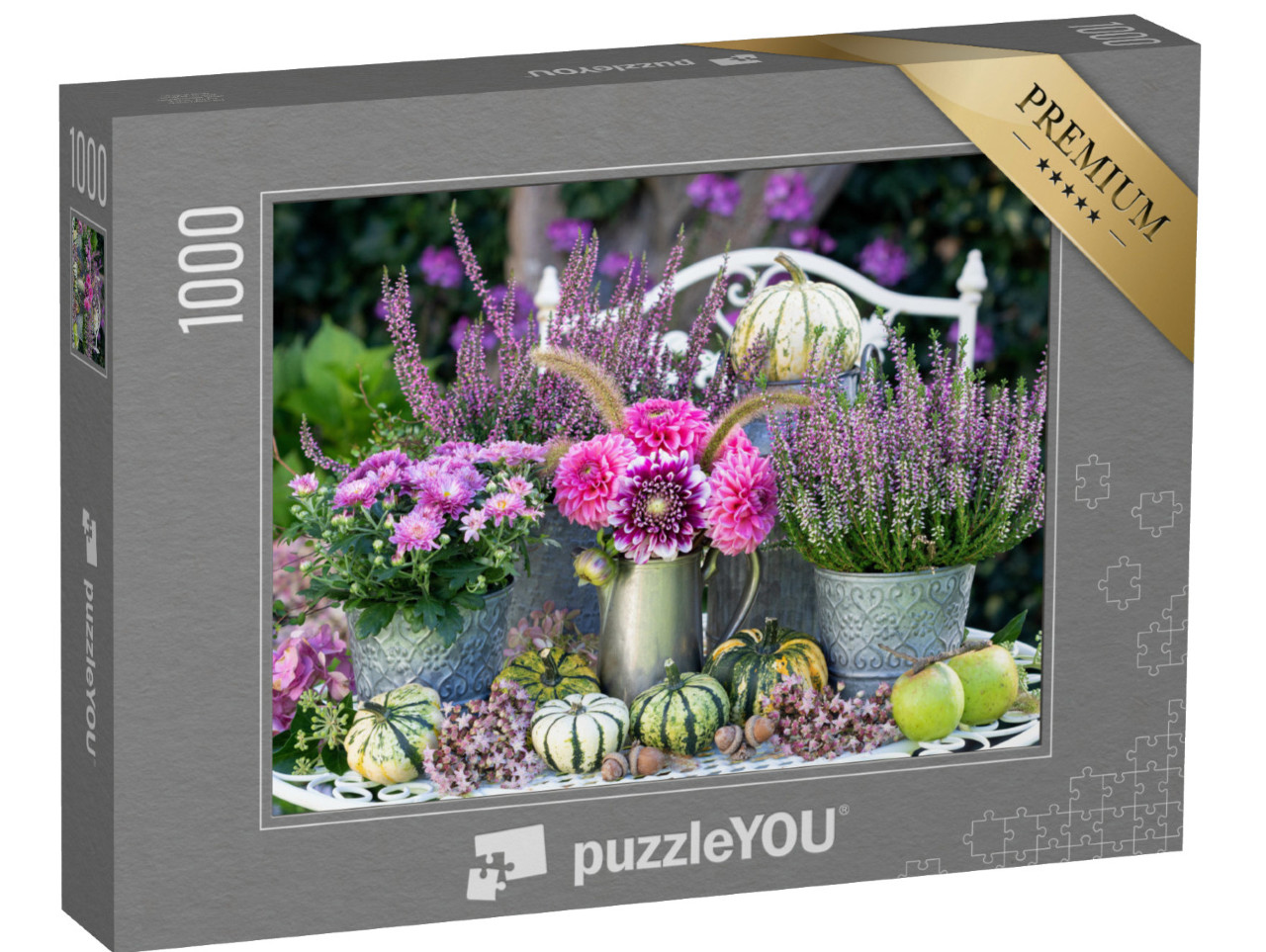 puzzle 1000 dílků „Zahradní dekorace z růžových jiřin, podzimních květin a dýní“