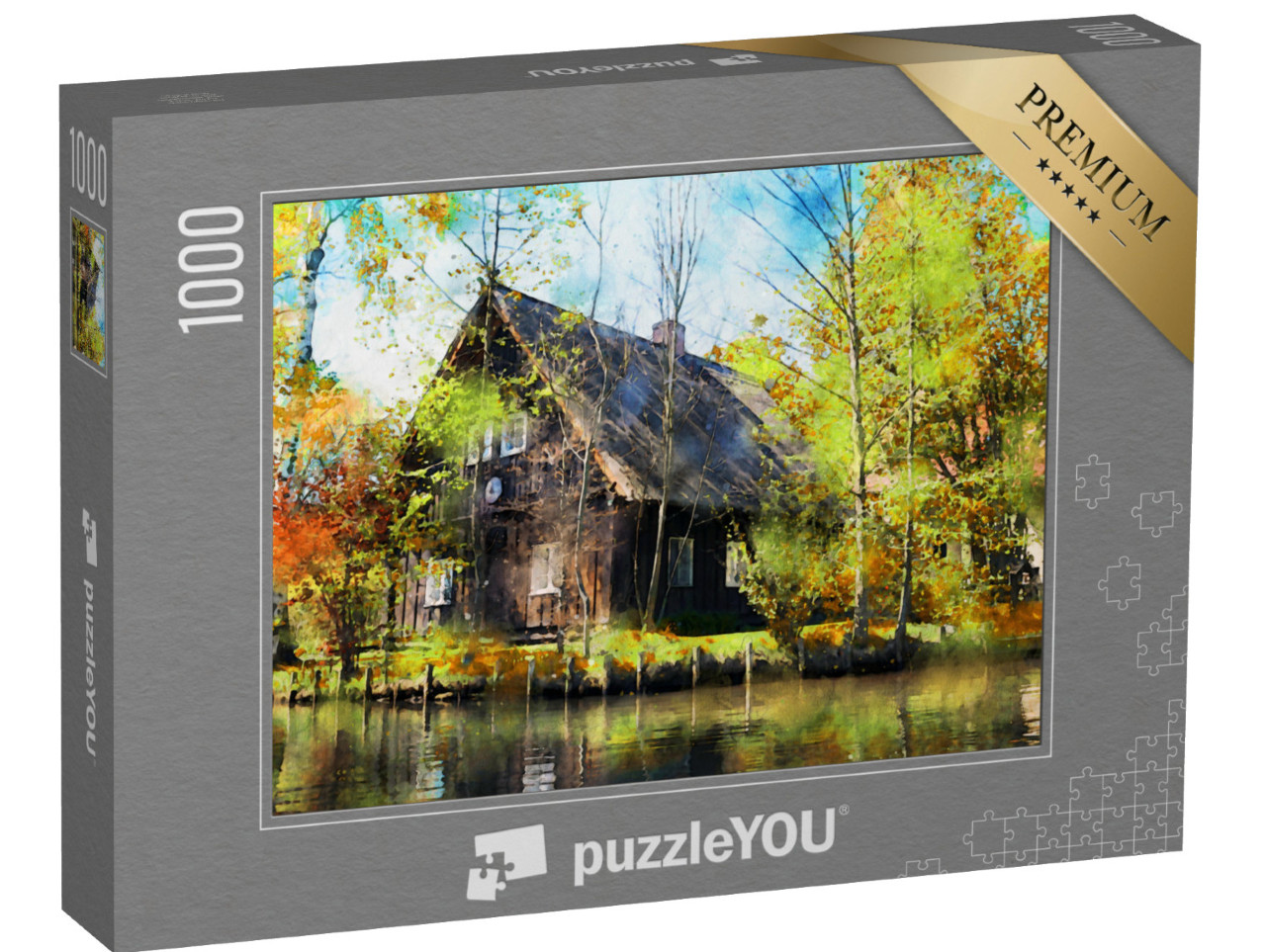 puzzle 1000 dílků „Akvarelová ilustrace: Lesní dům ve Spreewaldu“