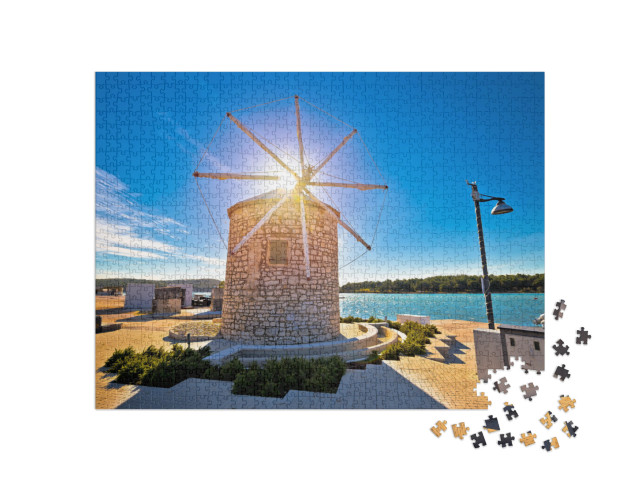 puzzle 1000 dílků „Město Medulin: Větrný mlýn a pohled na vodu, Istrie, Chorvatsko“