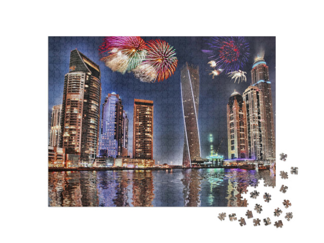 puzzle 1000 dílků „Novoroční ohňostroj v Dubai Marina, Dubaj“