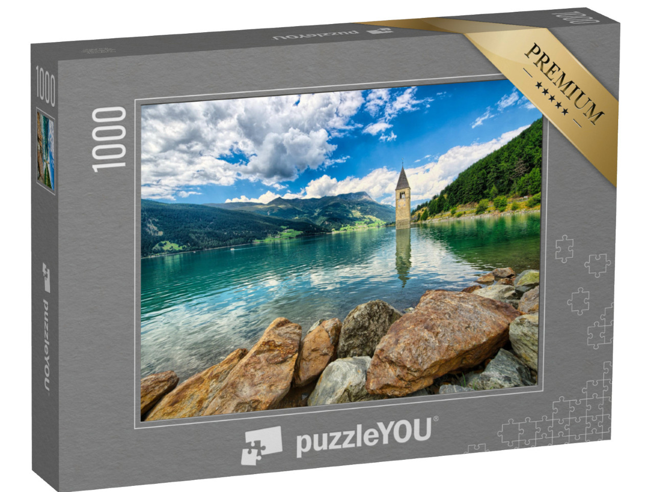 puzzle 1000 dílků „Zvonice u jezera Reschen (Resia) Jižní Tyrolsko“