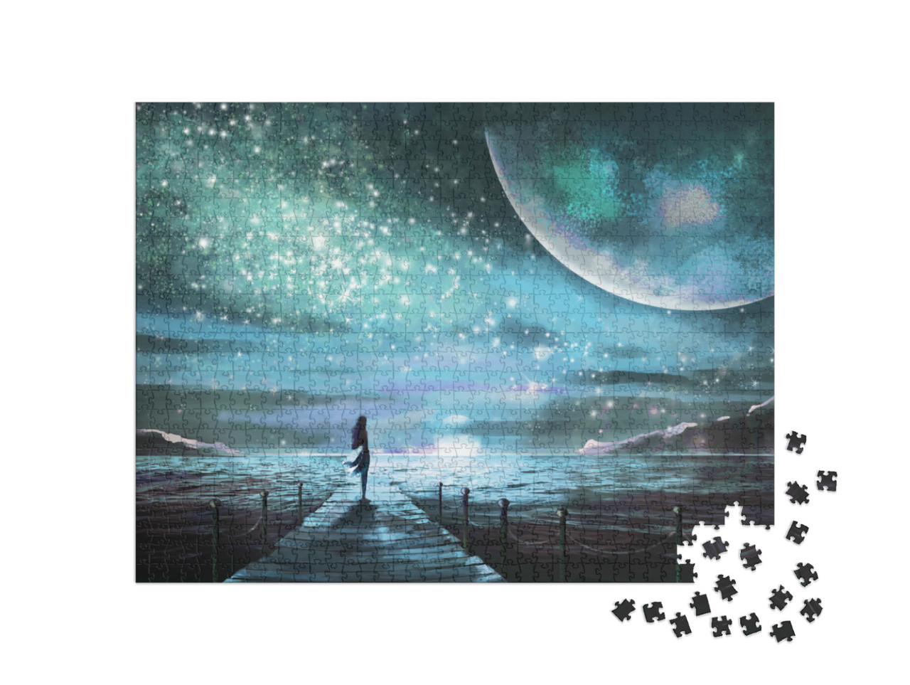 puzzle 1000 dílků „Fantasy ilustrace: Mladá žena hledící na galaxii“