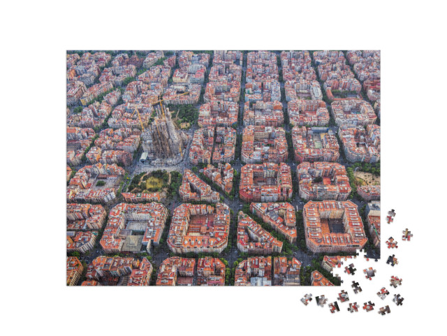 puzzle 1000 dílků „Letecký pohled na Barcelonu se slavnou katedrálou Sagrada Familia, Španělsko“