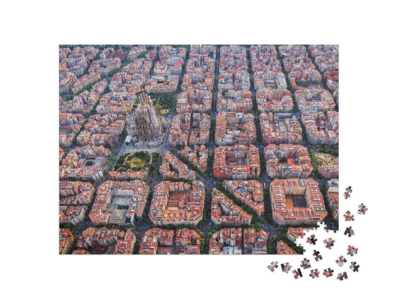 puzzle 1000 dílků „Letecký pohled na Barcelonu se slavnou katedrálou Sagrada Familia, Španělsko“