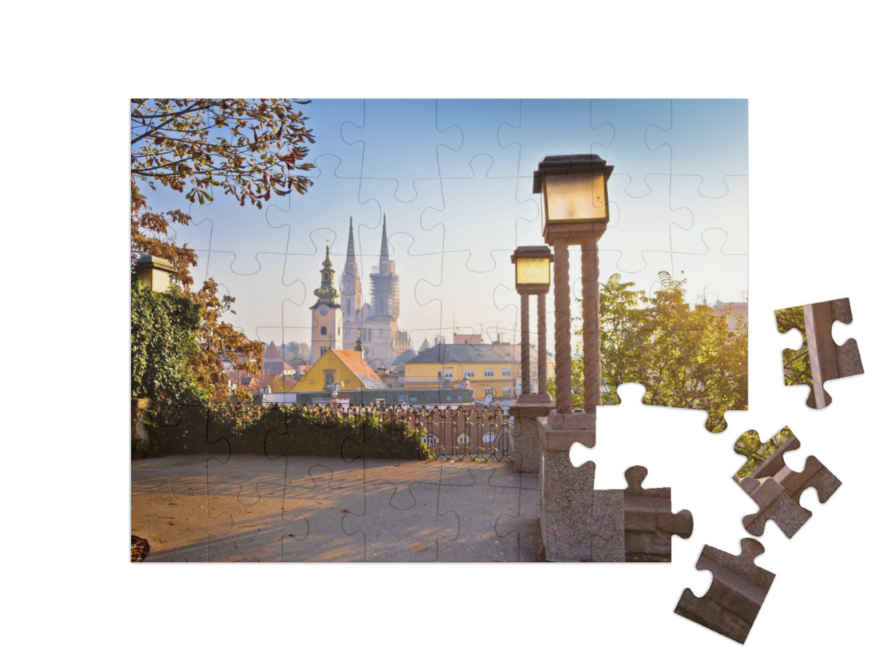 puzzle 48 dílků „Záhřebské věže při východu slunce, Chorvatsko“