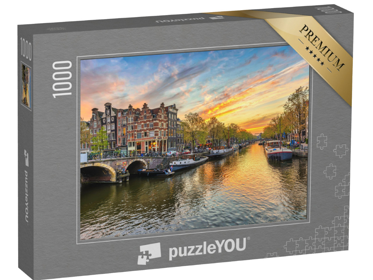 puzzle 1000 dílků „Panorama Amsterdamu na nábřeží Gracht, Amsterdam, Nizozemsko“