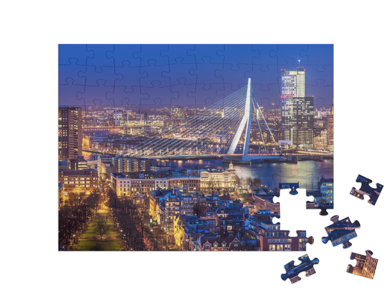 puzzle 100 dílků „Panorama Rotterdamu s Erasmovým mostem, Nizozemsko“
