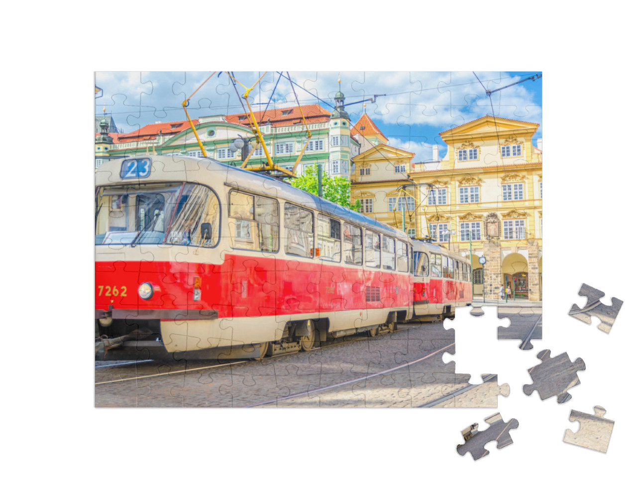 puzzle 100 dílků „Retro tramvaj na kolejích v ulicích Prahy“