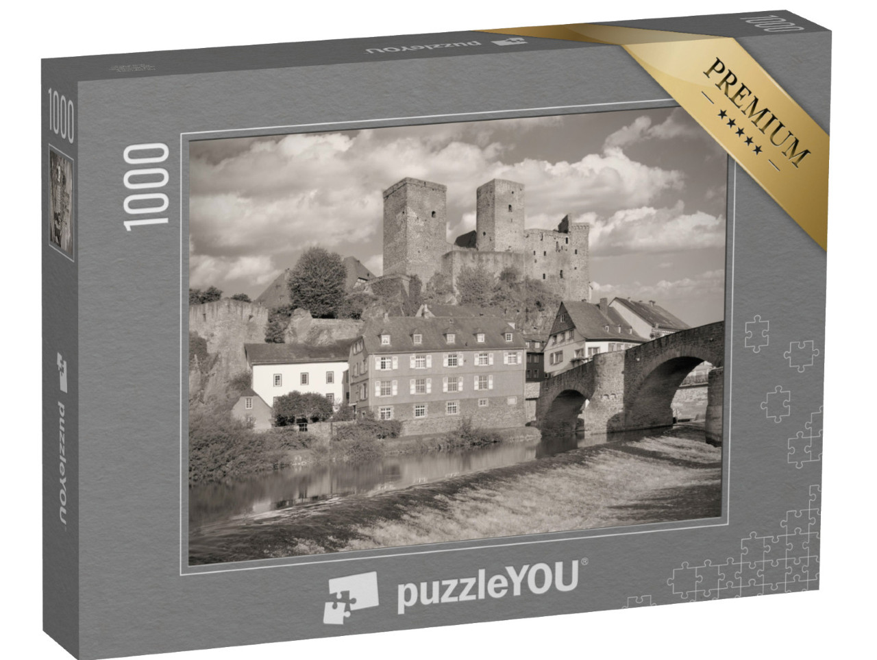 puzzle 1000 dílků „Středověká vesnice Runkel an der Lahn, černobíle“