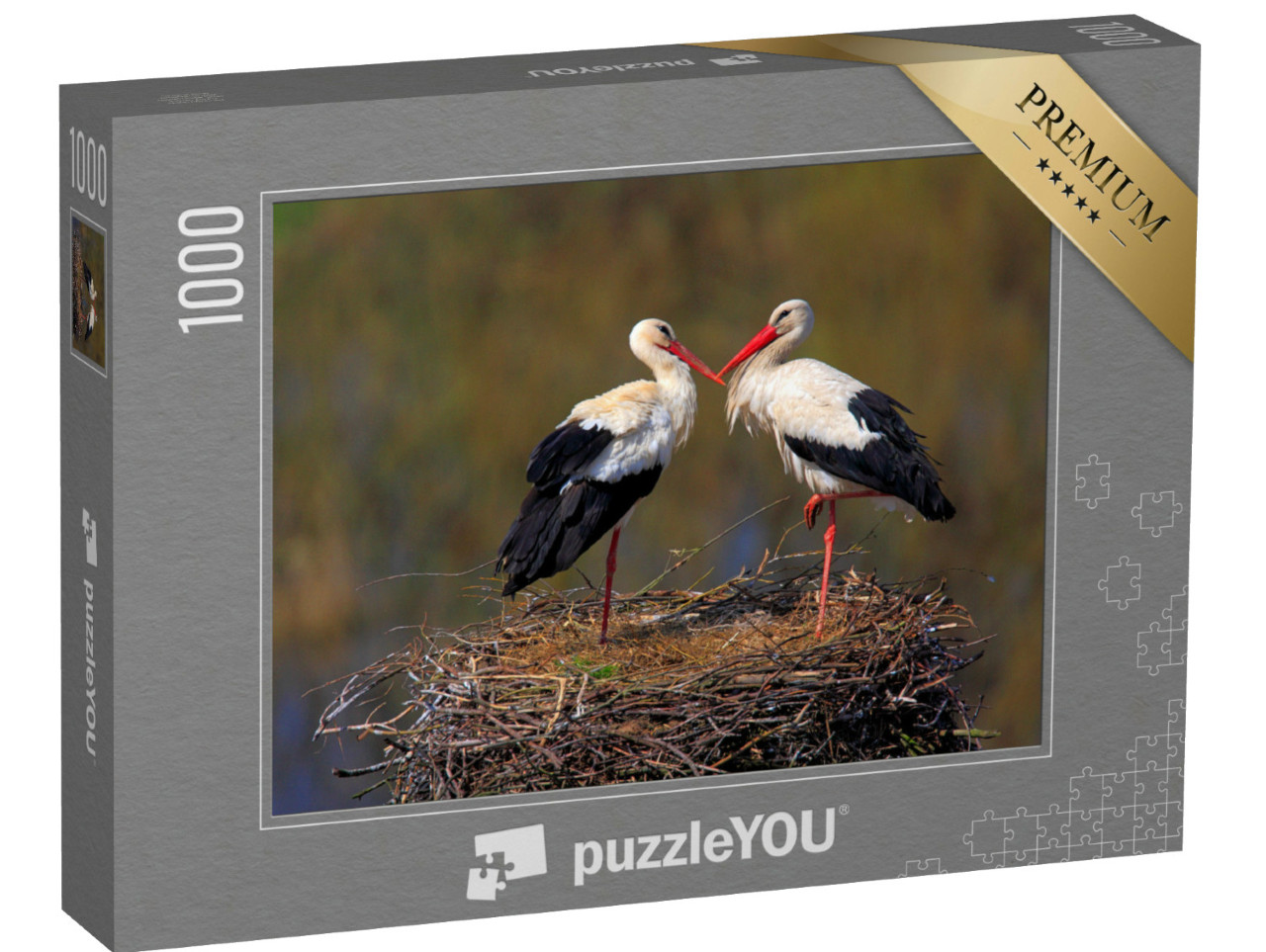 puzzle 1000 dílků „Pár čápů bílých během jarního hnízdění“