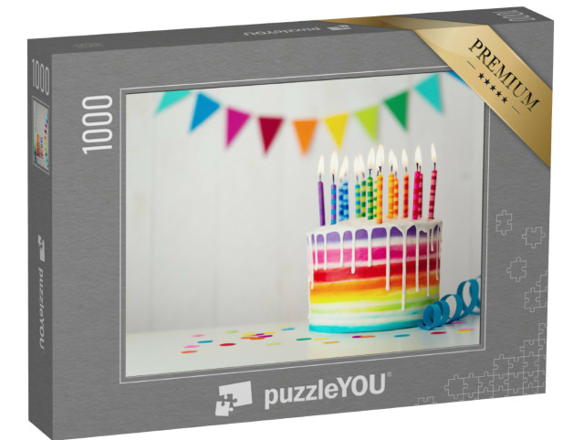 puzzle 1000 dílků „Duhový narozeninový dort s barevnými svíčkami a kapající polevou...“