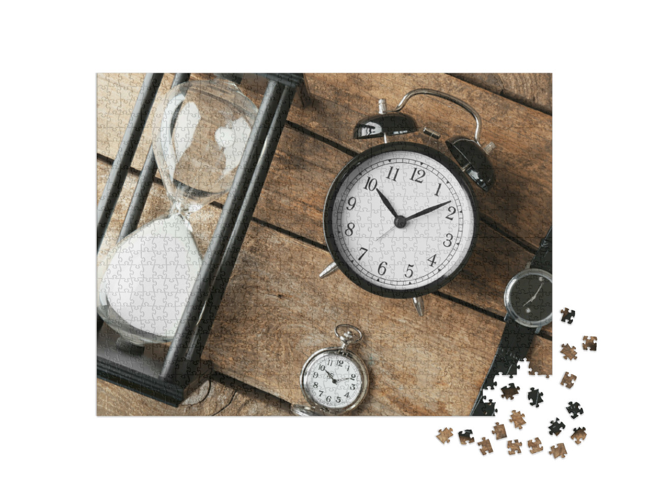 puzzle 1000 dílků „Na starém dřevěném stole leží různé typy hodin.“