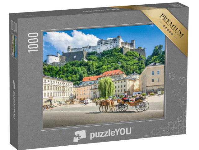 puzzle 1000 dílků „Panoramatický pohled na historický Salzburg s koňským spřežením“