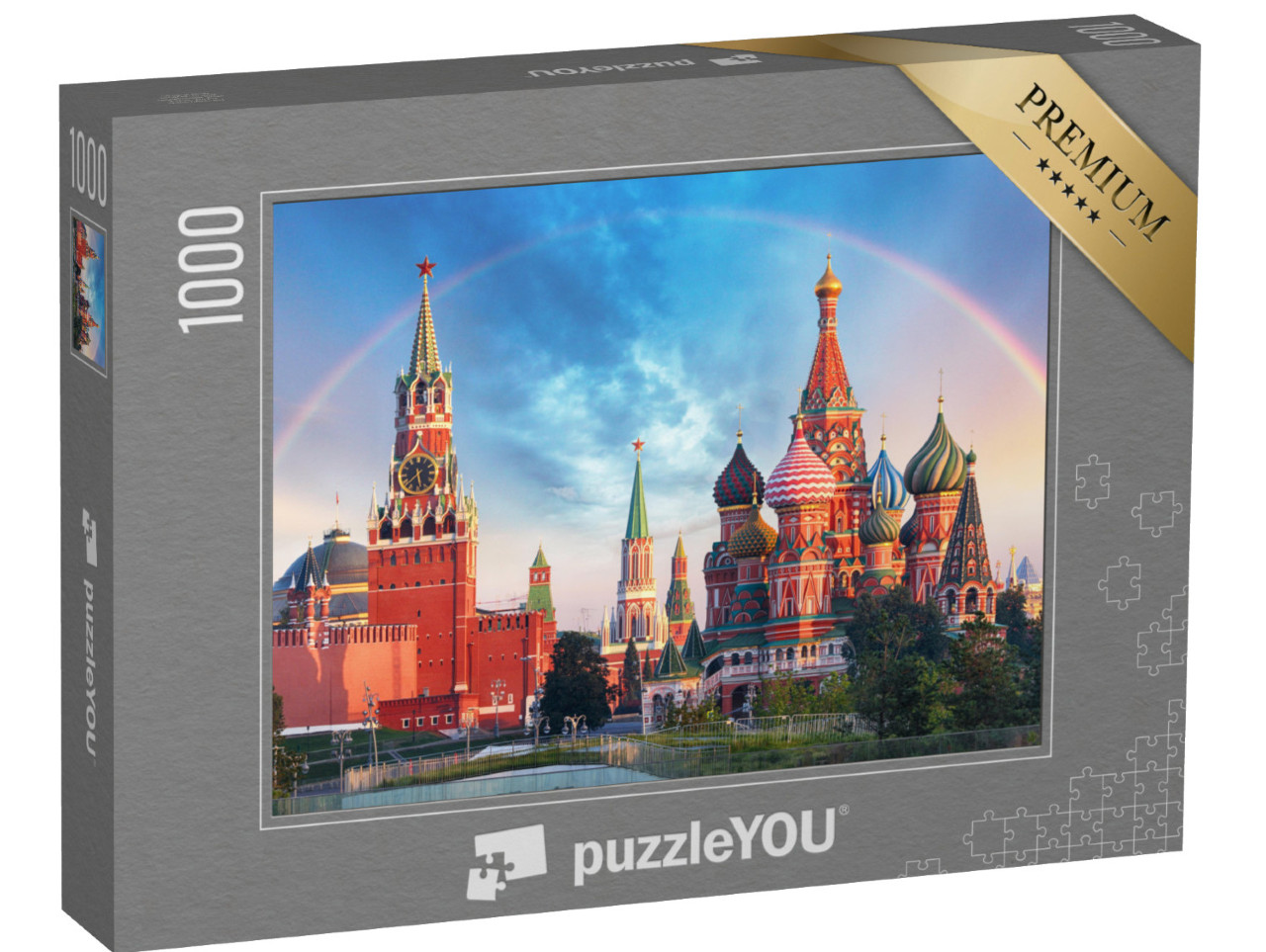 puzzle 1000 dílků „Panoramatický pohled na Rudé náměstí s moskevským Kremlem a duhou“