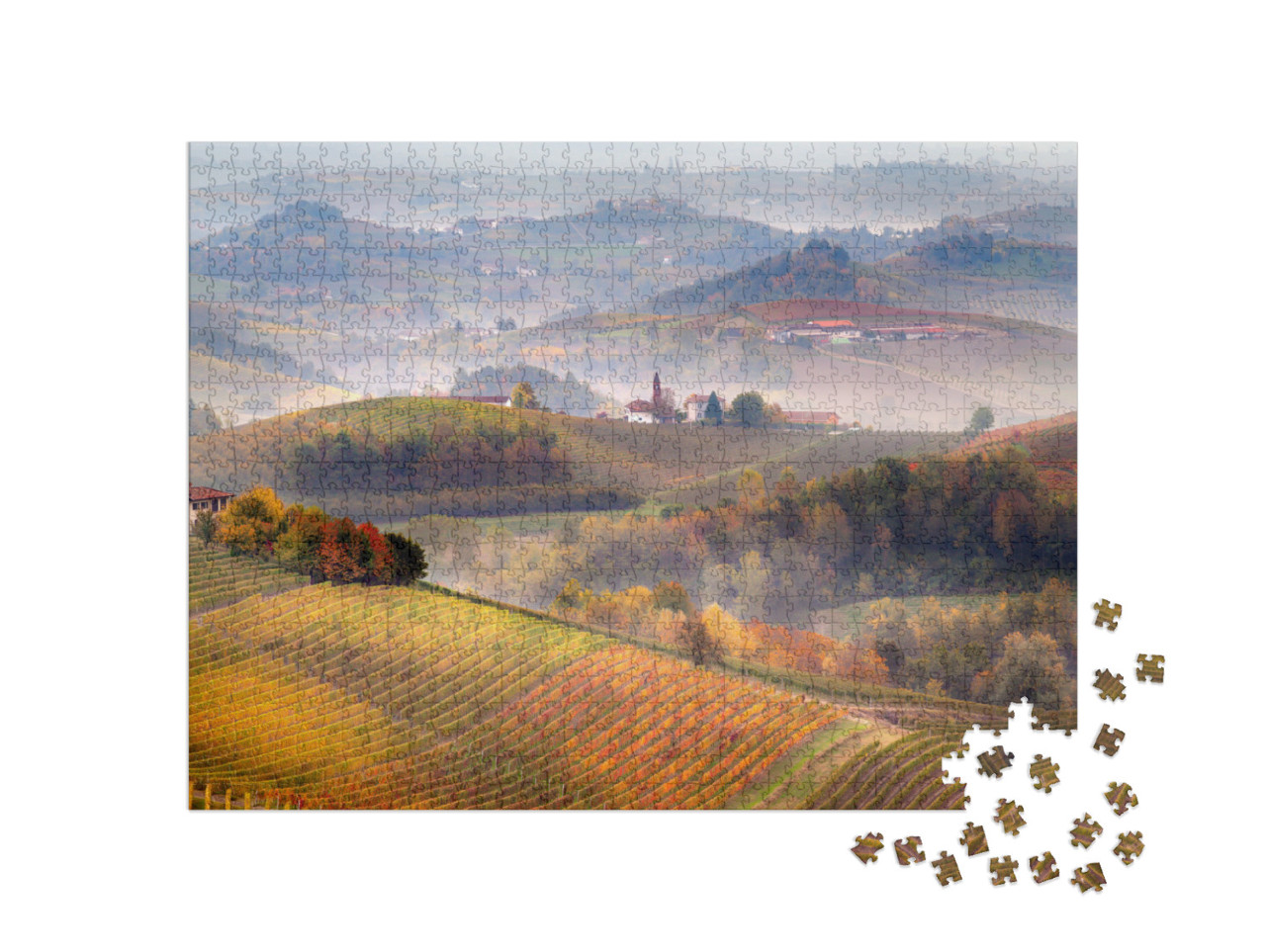 puzzle 1000 dílků „Východ slunce nad Barolem a mlha v oblasti Langhe“