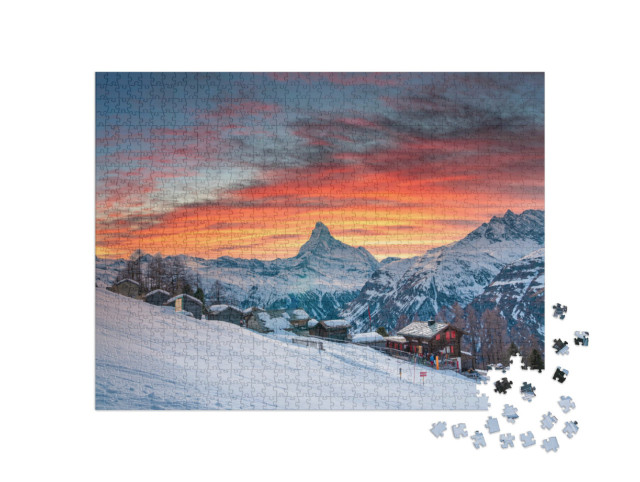 puzzle 1000 dílků „Krásný pohled na zasněžené domy ve vesnici“