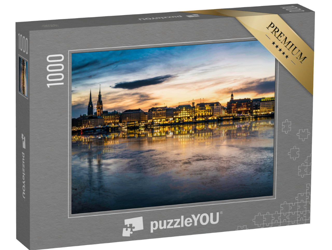 puzzle 1000 dílků „Pohled na Hamburk a Alster při západu slunce“