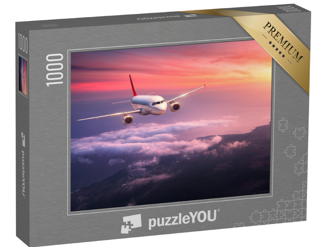 puzzle 1000 dílků „Osobní letadlo letící po rudé večerní obloze“